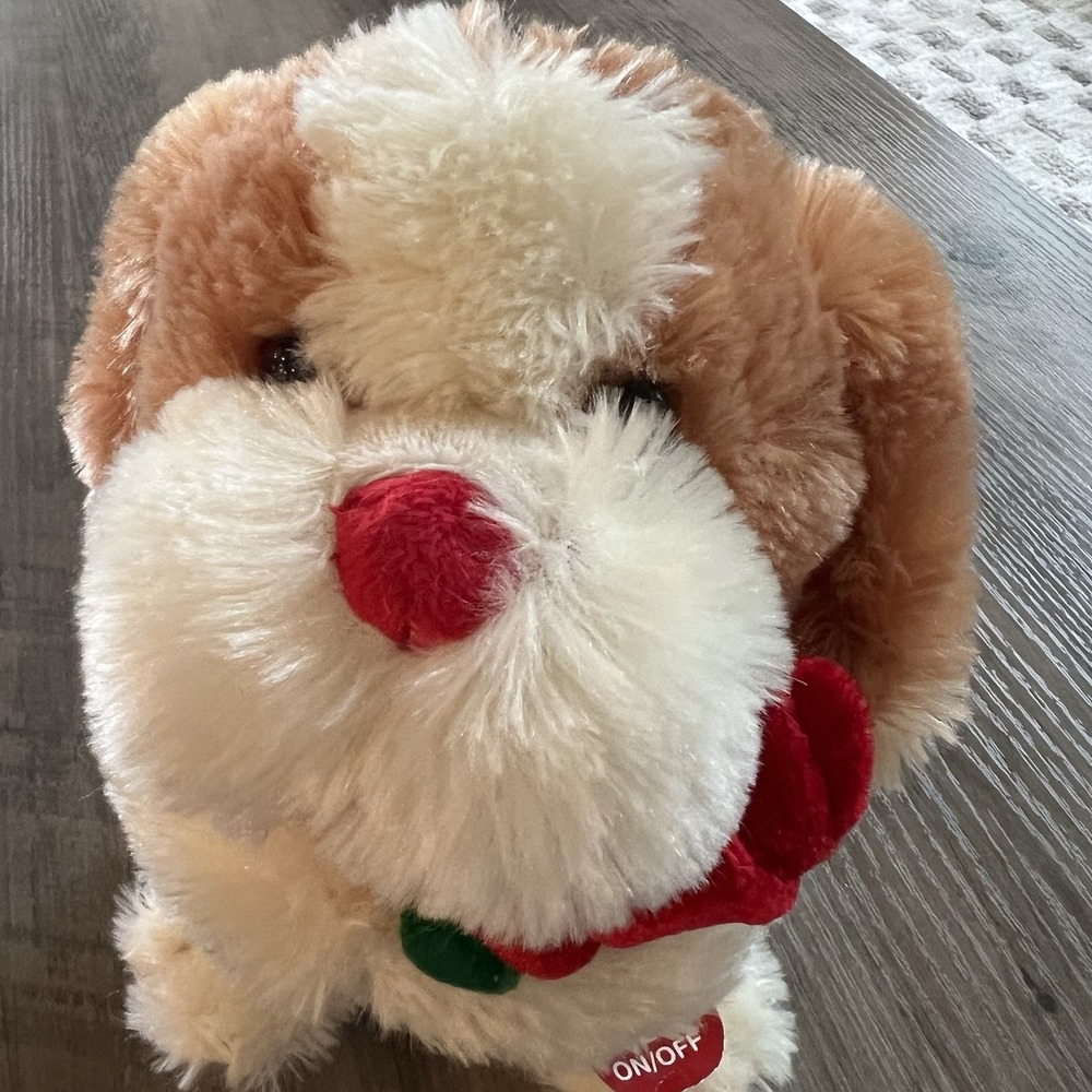 2015 Animatronics Brown White Plush Dog Sings "This Old Heart of Mine"Cher Video